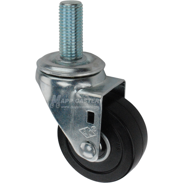 Caster wheel with a black rubber tire and metric threaded stem