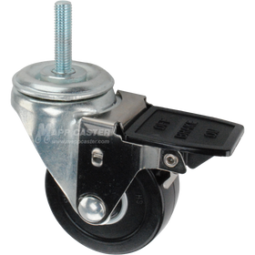 Caster wheel with face contact brake, a 3 inch black soft rubber wheel and 10mm threaded metal stem