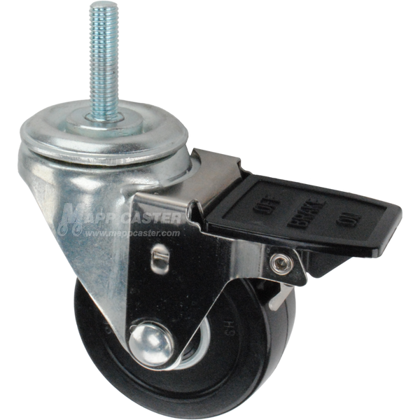 Caster wheel with face contact brake, a 3 inch black soft rubber wheel and 10mm threaded metal stem