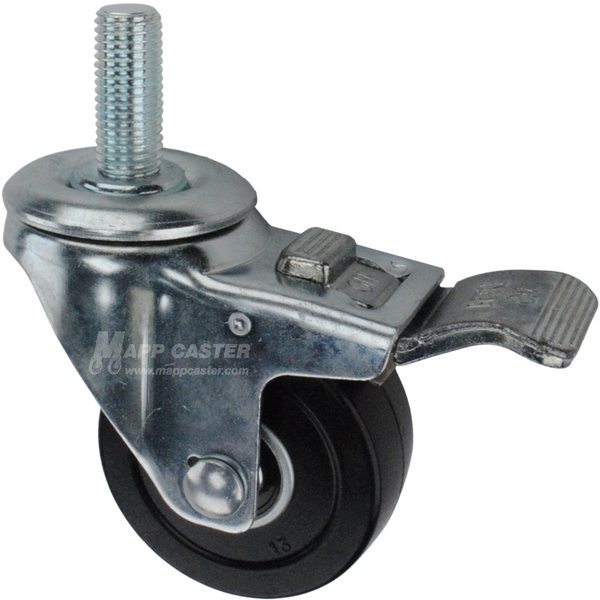 Caster wheel with a total lock brake, a 3 inch black soft rubber wheel and 1-1/2 inch long 16mm metal threaded stem