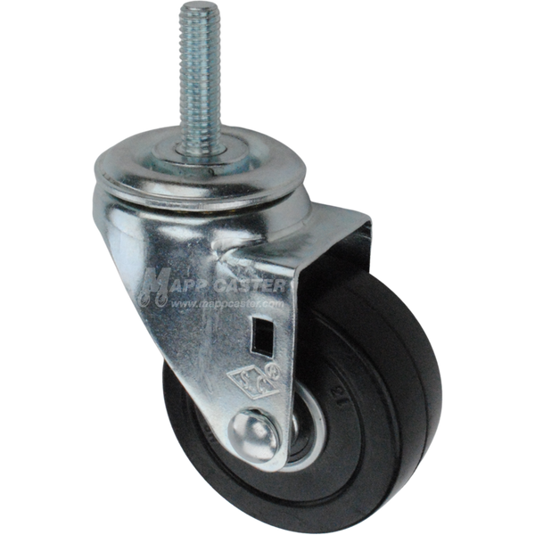 Caster wheel with a black rubber tire and threaded stem