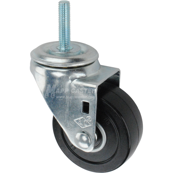 Caster wheel with a black rubber tire and metric threaded stem