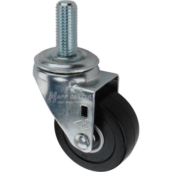 Caster wheel with a black rubber tire and threaded stem