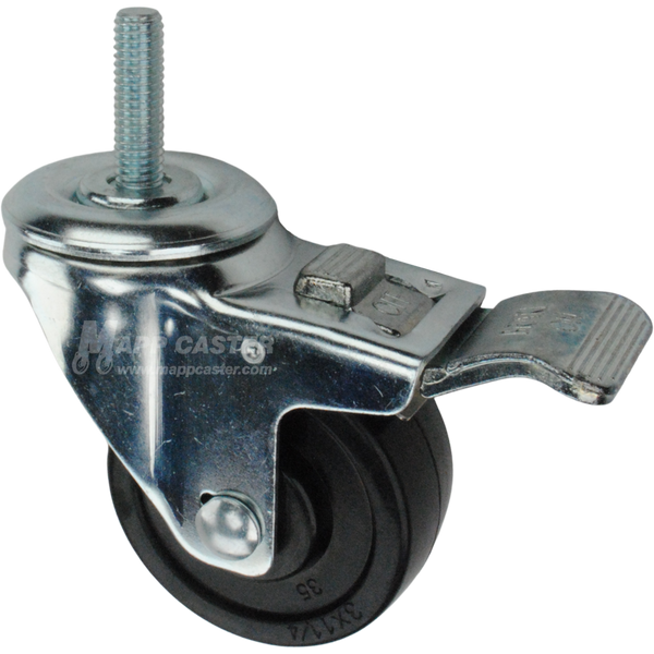 Caster wheel with a total lock brake, a 3 inch black soft rubber wheel and 1-1/2 inch metal threaded stem