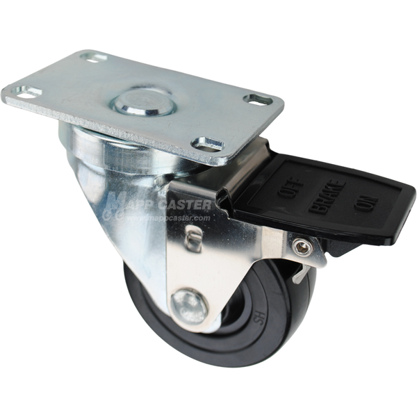 Swivel caster with face contact brake, a 3 inch black soft rubber wheel and O1 metal plate
