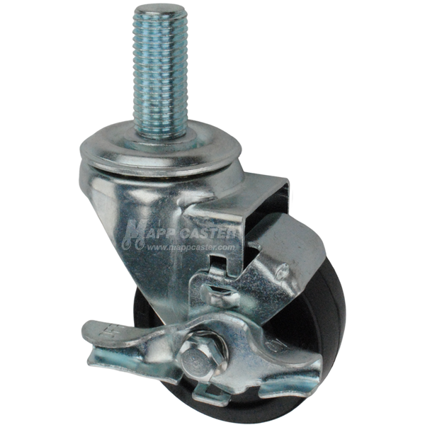 Caster wheel with brake, a black rubber tire and metric metal stem thread