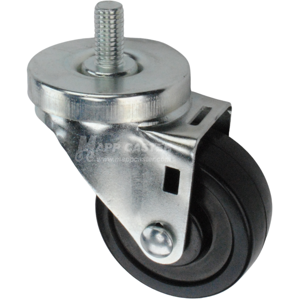 Caster wheel with a black rubber tire and metal stem thread