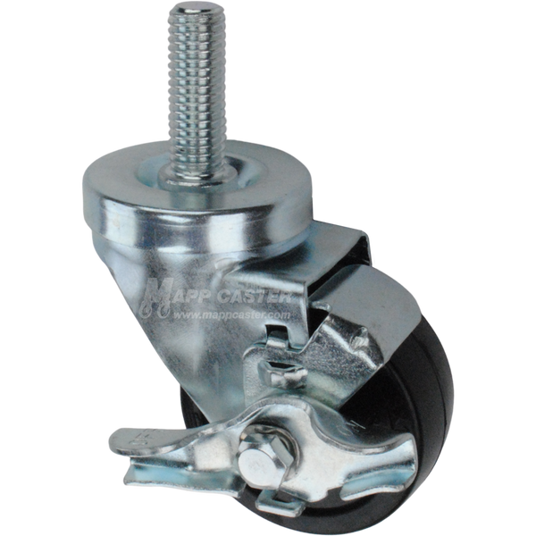 Caster wheel with brake, a black rubber tire and metal stem thread