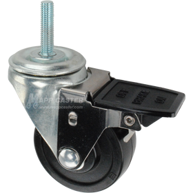 Caster wheel with face contact brake, a 3 inch black soft rubber wheel and 10mm threaded metal stem