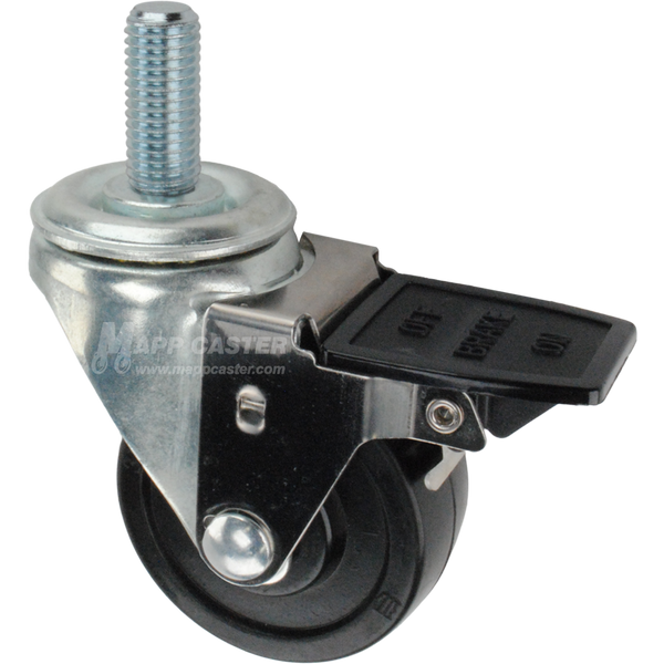 Caster wheel with face contact brake, a 3 inch black soft rubber wheel and 1-3/4 inch metal threaded stem