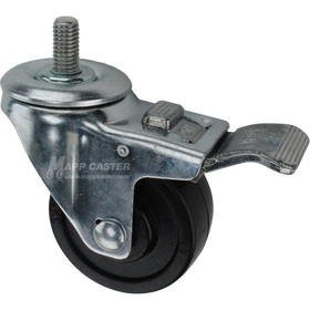 Caster wheel with a total lock brake, a 3 inch black soft rubber wheel and 1 inch metal threaded stem