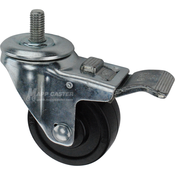 Caster wheel with a total lock brake, a 3 inch black soft rubber wheel and 1 inch metal threaded stem
