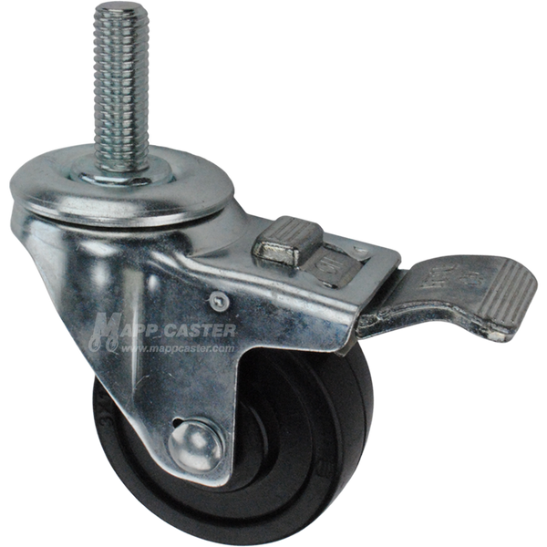 Caster wheel with a total lock brake, a 3 inch black soft rubber wheel and 1-3/4 inch metal threaded stem