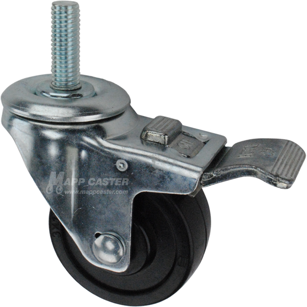 Caster wheel with a total lock brake, a 3 inch black soft rubber wheel and 1-1/2 inch metal threaded stem