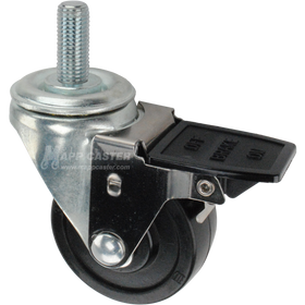 Caster wheel with face contact brake, a 3 inch black soft rubber wheel and 16mm threaded metal stem