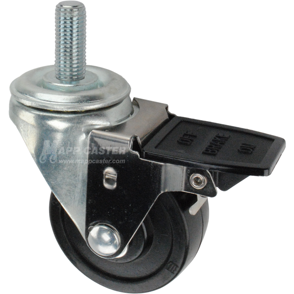 Caster wheel with face contact brake, a 3 inch black soft rubber wheel and 16mm threaded metal stem