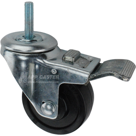 Caster wheel with a total lock brake, a 3 inch black soft rubber wheel and 1-1/2 inch long 10mm metal threaded stem