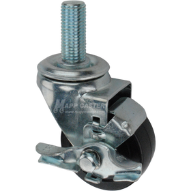 Caster wheel with a black rubber tire brake and metric threaded stem