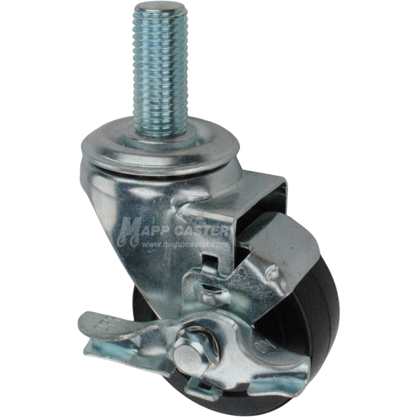 Caster wheel with a black rubber tire brake and metric threaded stem