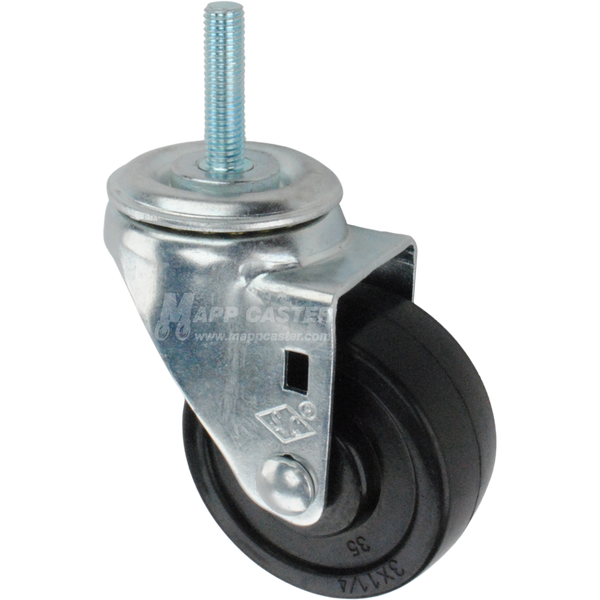 Caster wheel with a black rubber tire and metric metal stem thread