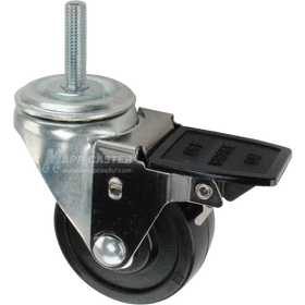 Caster wheel with face contact brake, a 3 inch black soft rubber wheel and 12mm threaded metal stem
