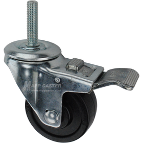 Caster wheel with a total lock brake, a 3 inch black soft rubber wheel and 1-3/4 inch long 12mm metal threaded stem