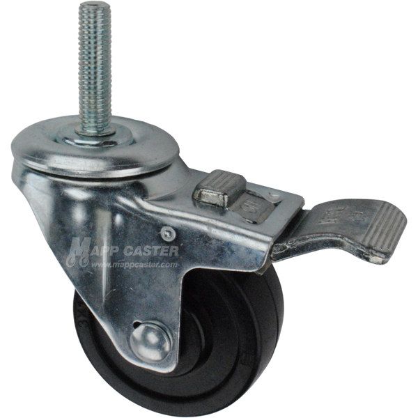 Caster wheel with a total lock brake, a 3 inch black soft rubber wheel and 1-3/4 inch long 12mm metal threaded stem