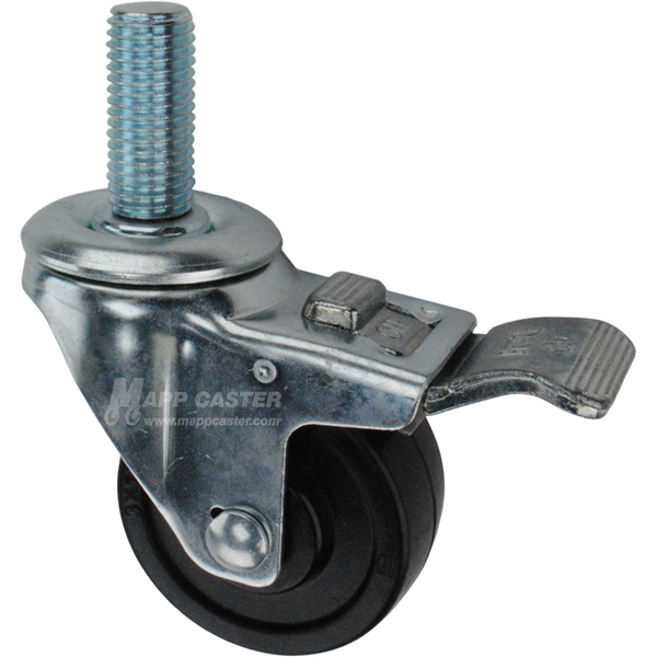 Caster wheel with a total lock brake, a 3 inch black soft rubber wheel and 1-3/4 inch long 20mm metal threaded stem