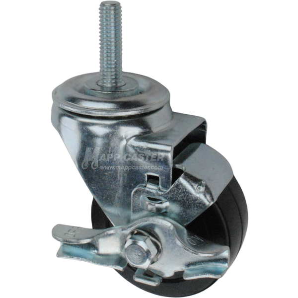 Caster wheel with a black rubber tire brake and threaded stem