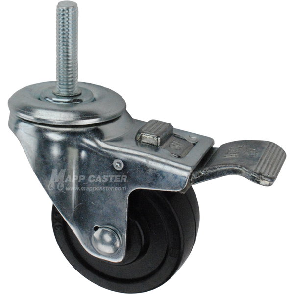 Caster wheel with a total lock brake, a 3 inch black soft rubber wheel and 1-1/2 inch metal threaded stem