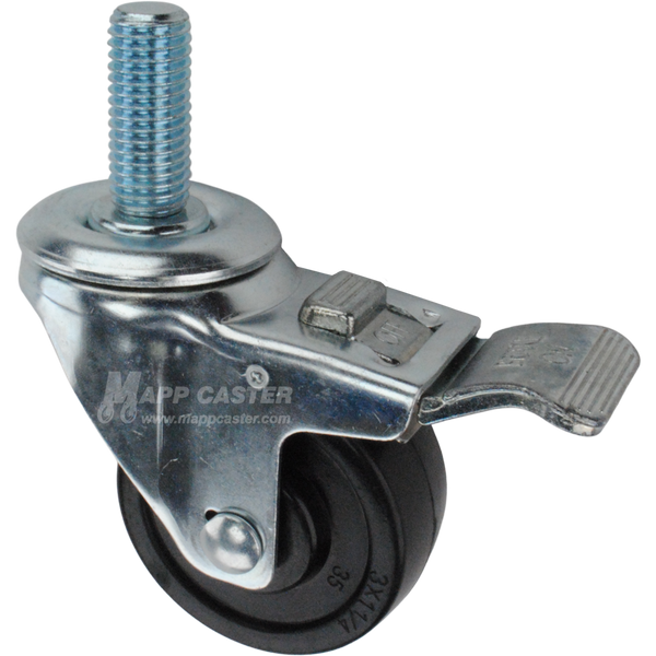 Caster wheel with a total lock brake, a 3 inch black soft rubber wheel and 1-3/4 inch metal threaded stem