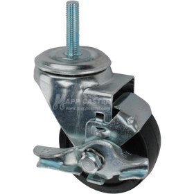 Caster wheel with brake, a black rubber tire and metric metal stem thread