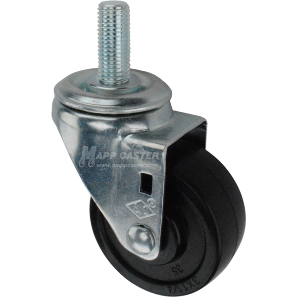 Caster wheel with a black rubber tire and metric metal stem thread