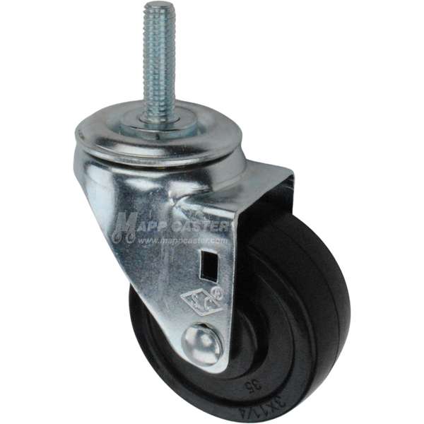 Caster wheel with a black rubber tire and metal stem thread