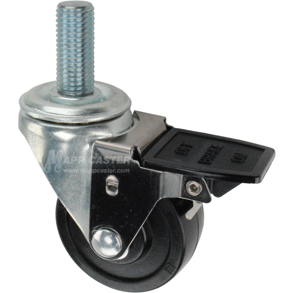 Caster wheel with face contact brake, a 3 inch black soft rubber wheel and 20mm threaded metal stem