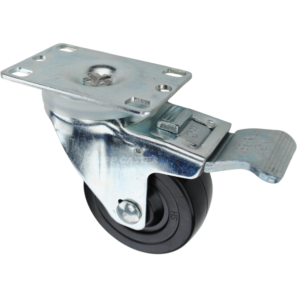 Swivel caster with a total lock brake, a 3 inch black soft rubber wheel and O1 metal plate