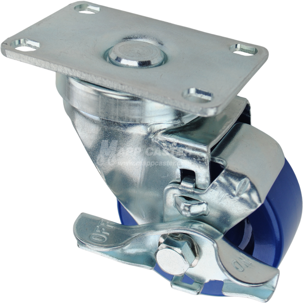 Swivel caster with top lock brake, a 3 inch blue polyurethane wheel and O1 metal plate