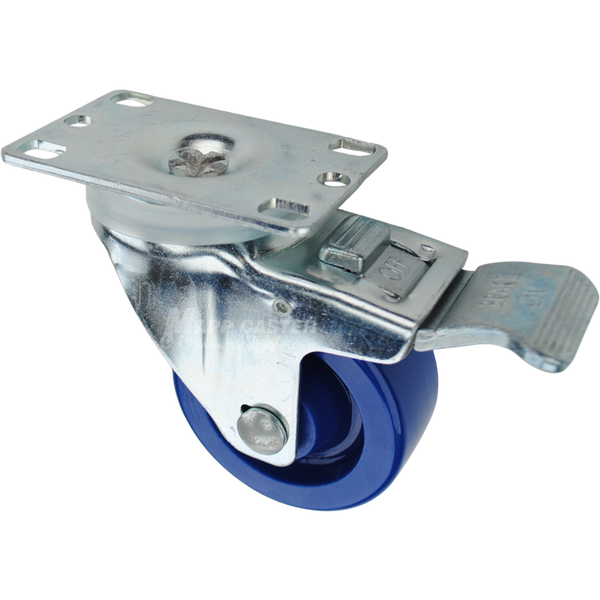 Swivel caster with a total lock brake, a 3 inch blue polyurethane wheel and O1 metal plate