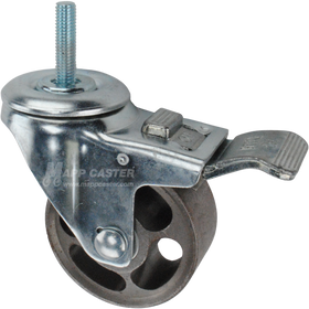 Caster wheel with a total lock brake, a 3 inch silver steel wheel and 1-1/2 inch long 10mm metal threaded stem
