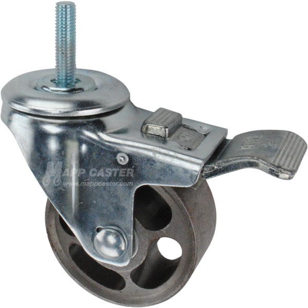 Caster wheel with a total lock brake, a 3 inch silver steel wheel and 1-1/2 inch long 10mm metal threaded stem