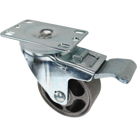 Swivel caster with a total lock brake, a 3 inch silver sintered steel wheel with roller bearings and O1 metal plate