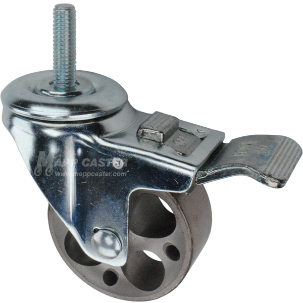 Caster wheel with a total lock brake, a 3 inch silver steel wheel and 1-1/2 inch metal threaded stem