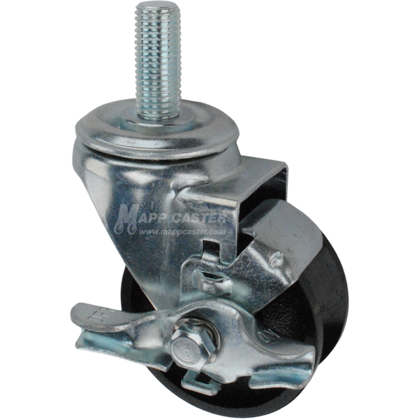 Caster wheel with brake, a black cast iron tire and metric metal stem thread