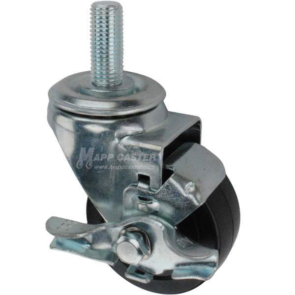 Caster wheel with a black rubber tire brake and metric threaded stem