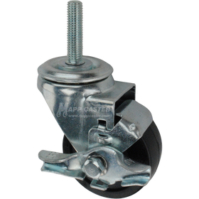 Caster wheel with brake, a black rubber tire and metric metal stem thread