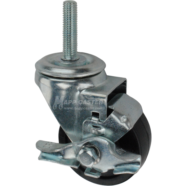 Caster wheel with brake, a black rubber tire and metric metal stem thread