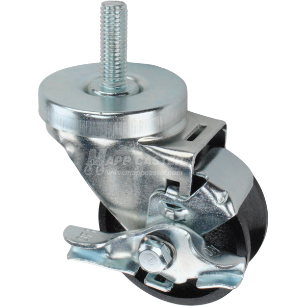 Caster wheel with brake, a black cast iron tire and metal stem thread