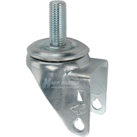 A bright zinc plated swivel caster rig with a 1-1/2-inch long 16 mm threaded stem, showing a double ball raceway.