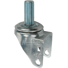 A bright zinc plated swivel caster rig with a 1-3/4-inch long 20mm threaded stem, showing a double ball raceway.