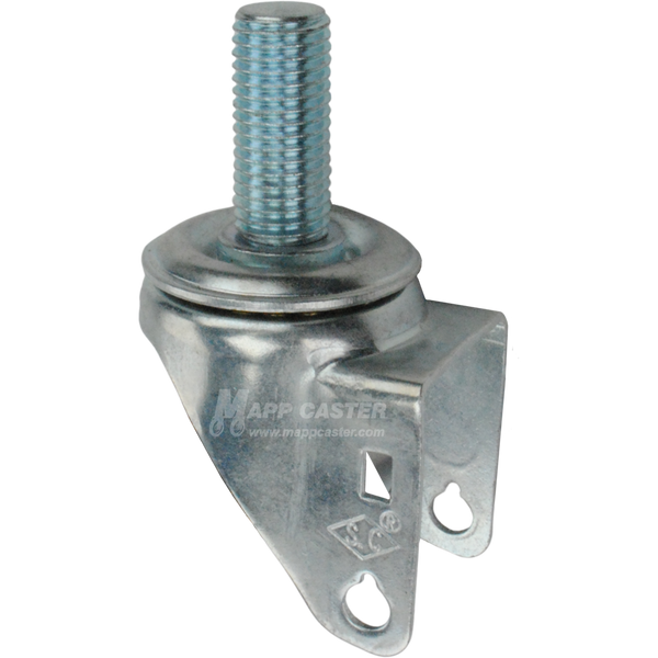 A bright zinc plated swivel caster rig with a 1-3/4-inch long 20mm threaded stem, showing a double ball raceway.